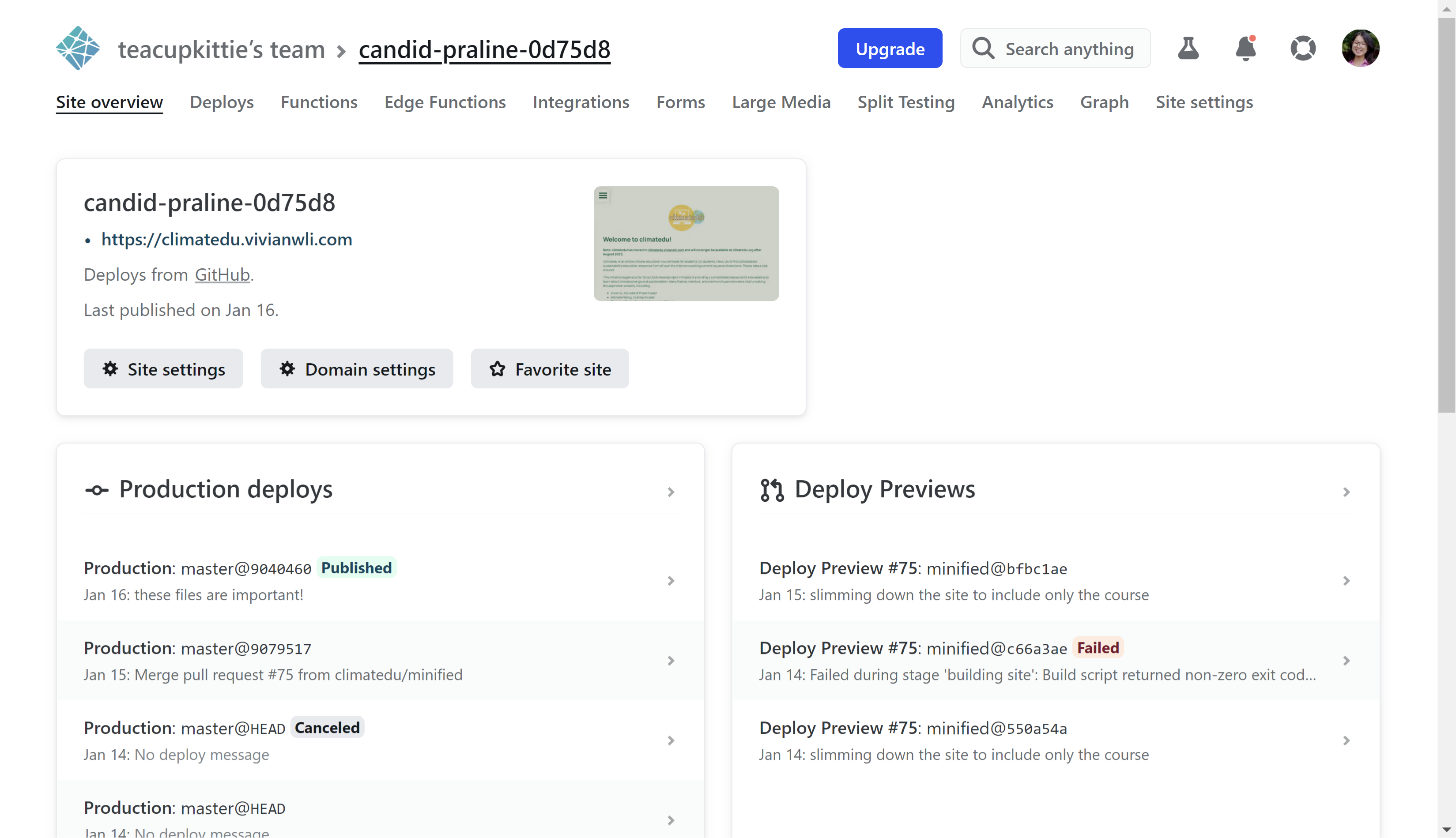 <b>BEFORE:</b> Original site homepage that linked to two states of the deploys page (production and previews).